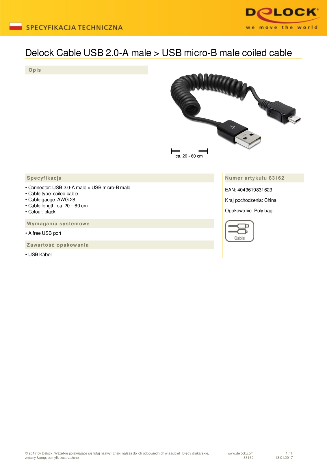 DeLOCK USB 2.0 spiral cable A-micro-B 20-60cm User Manual