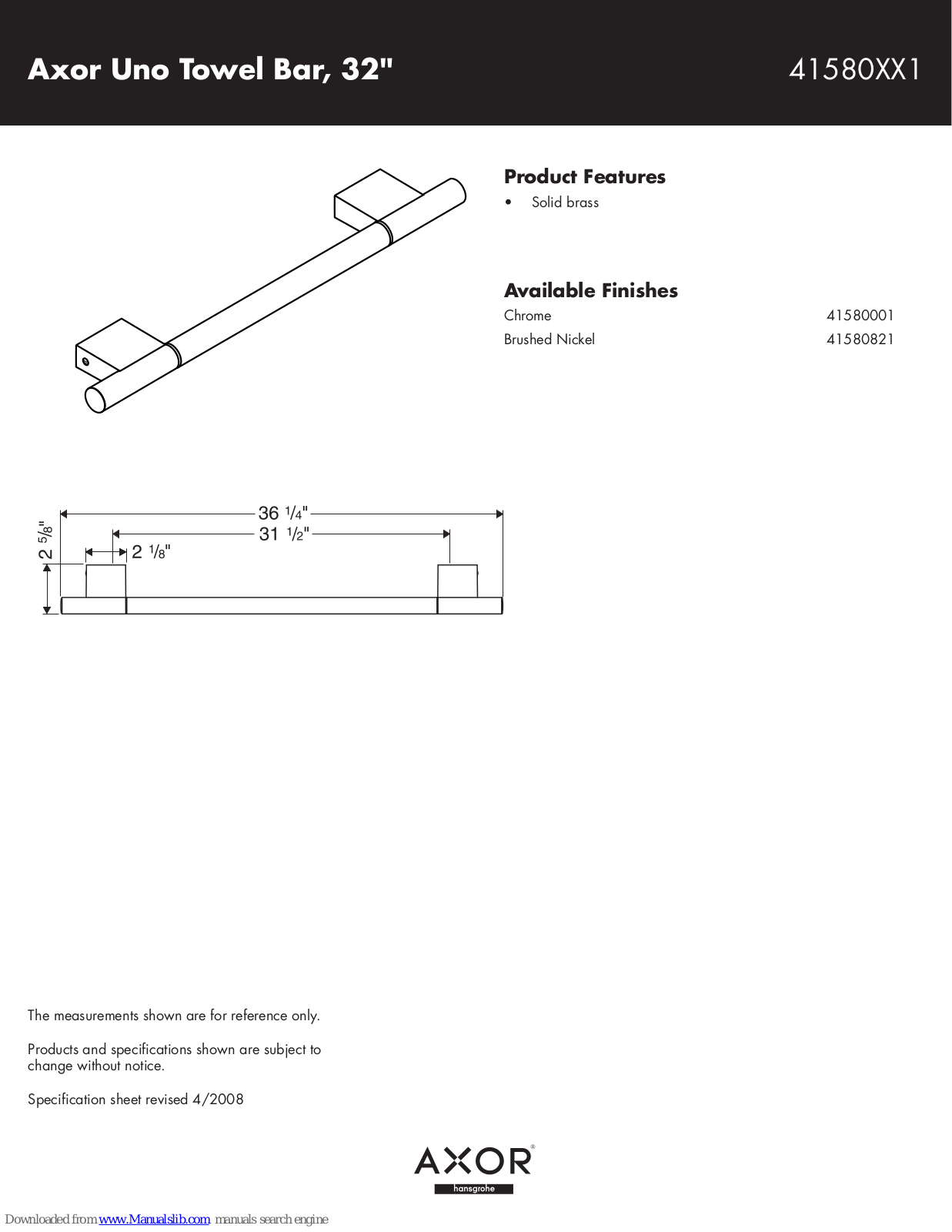 Axor 41580001, 41580821 Specification Sheet