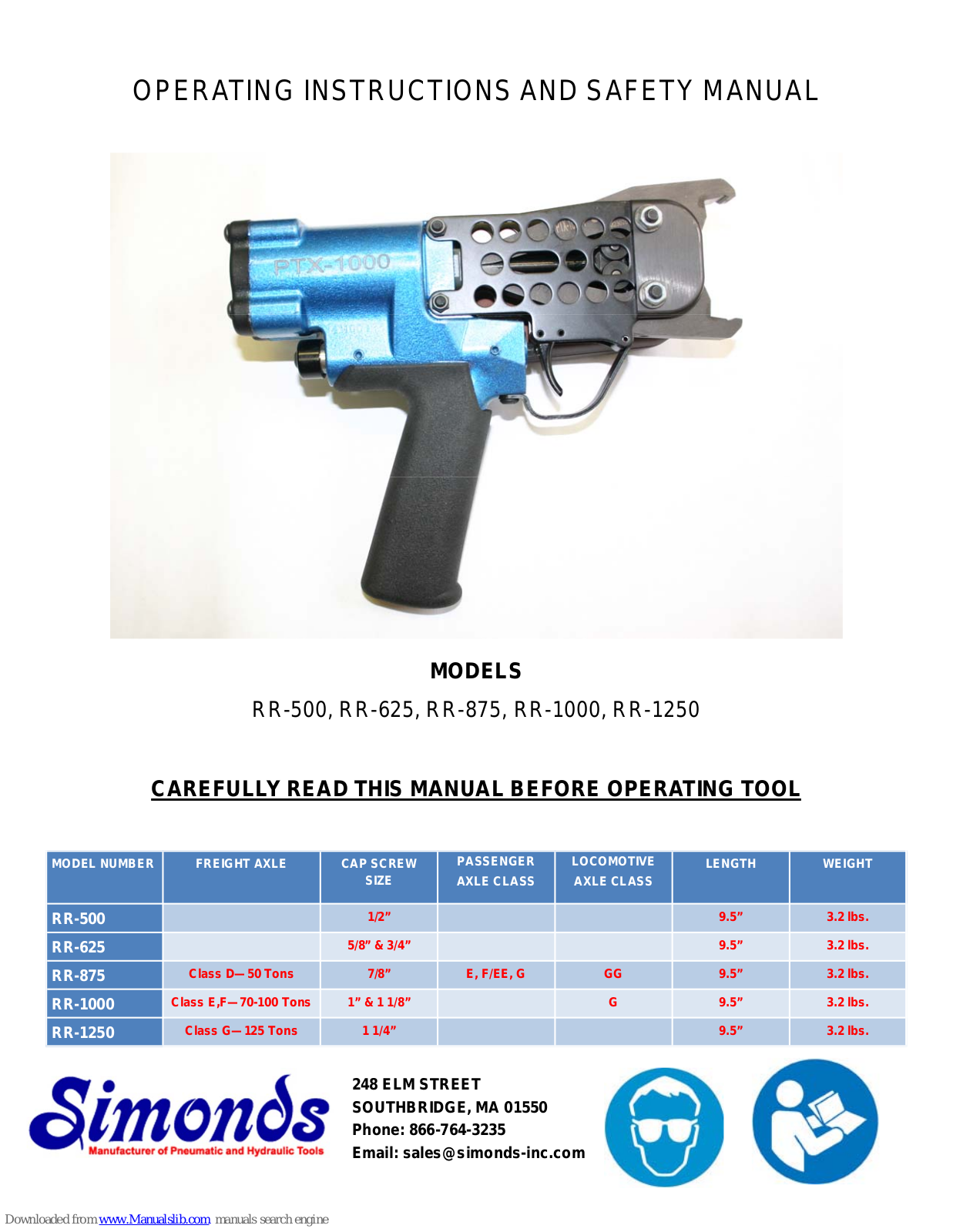 Simonds RR-500, RR-625, RR-875, RR-1000, RR-1250 Operating Instructions And Safety Manual