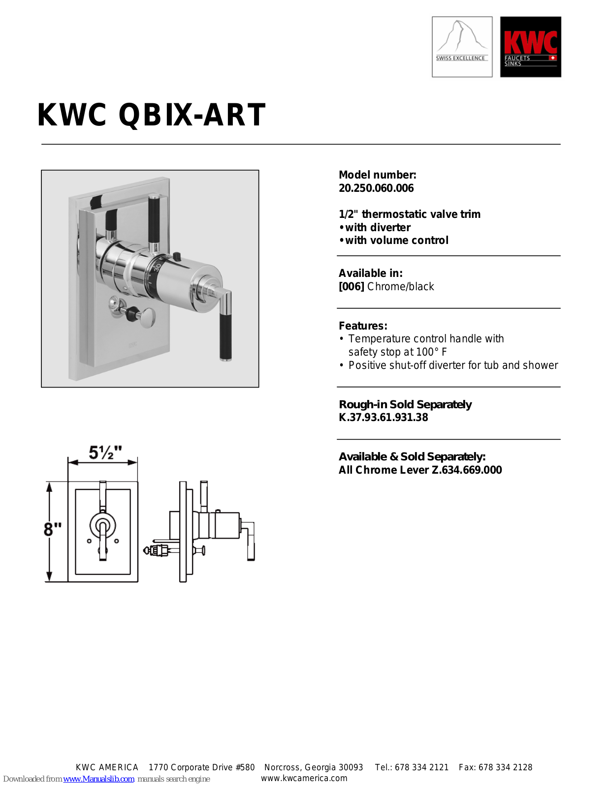 KWC QBIX-ART 20.250.060.006 Specification Sheet