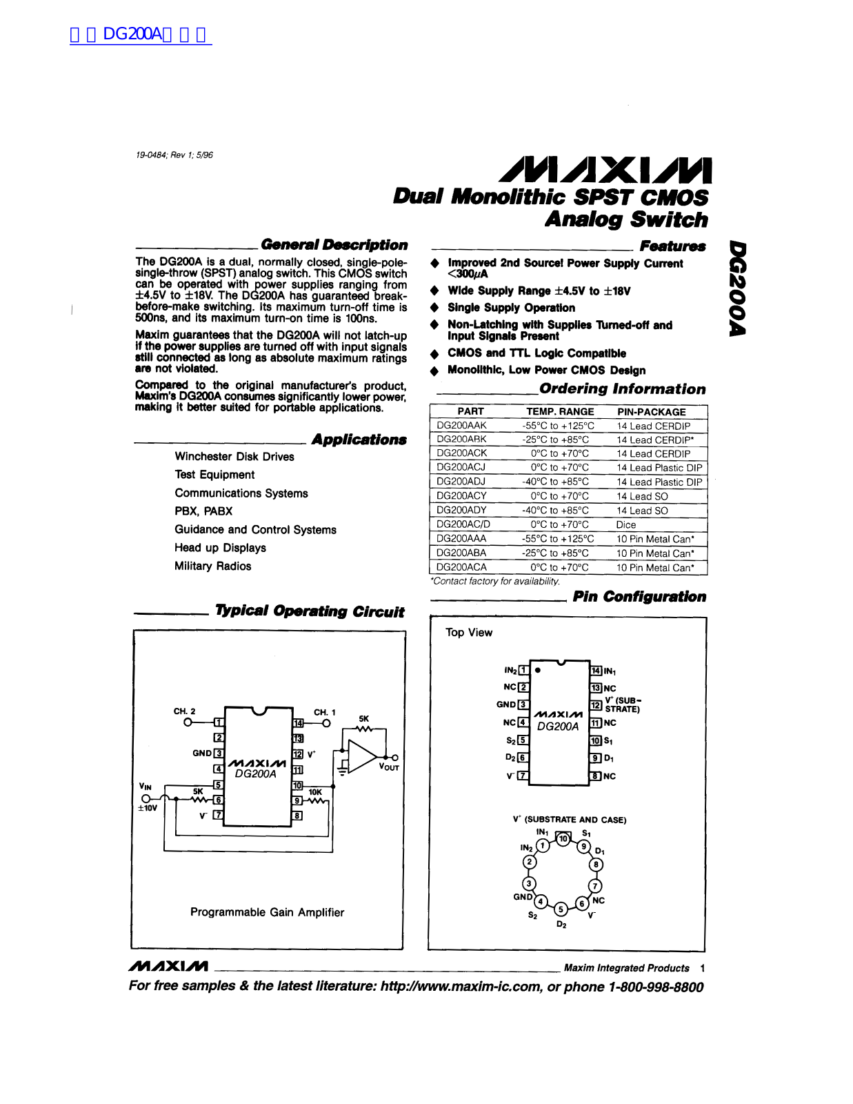 MAXIM DG200A Technical data