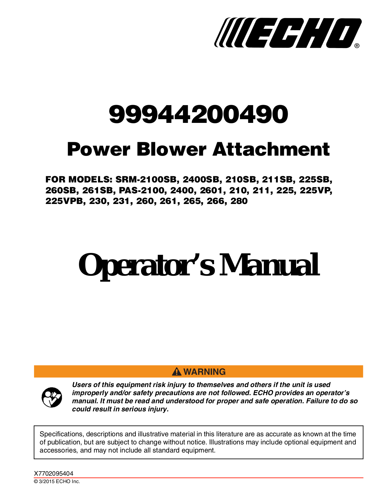 Echo 280, 225VP, 210SB, PAS-2100, 266 User Manual