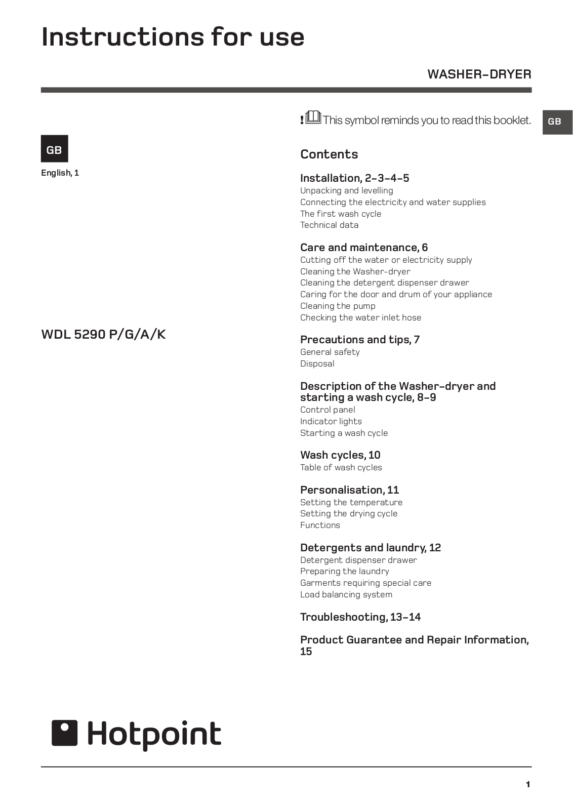 Hotpoint WDL 5290 P, WDL 5290 G, WDL 5290 A, WDL 5290 K Instructions for use