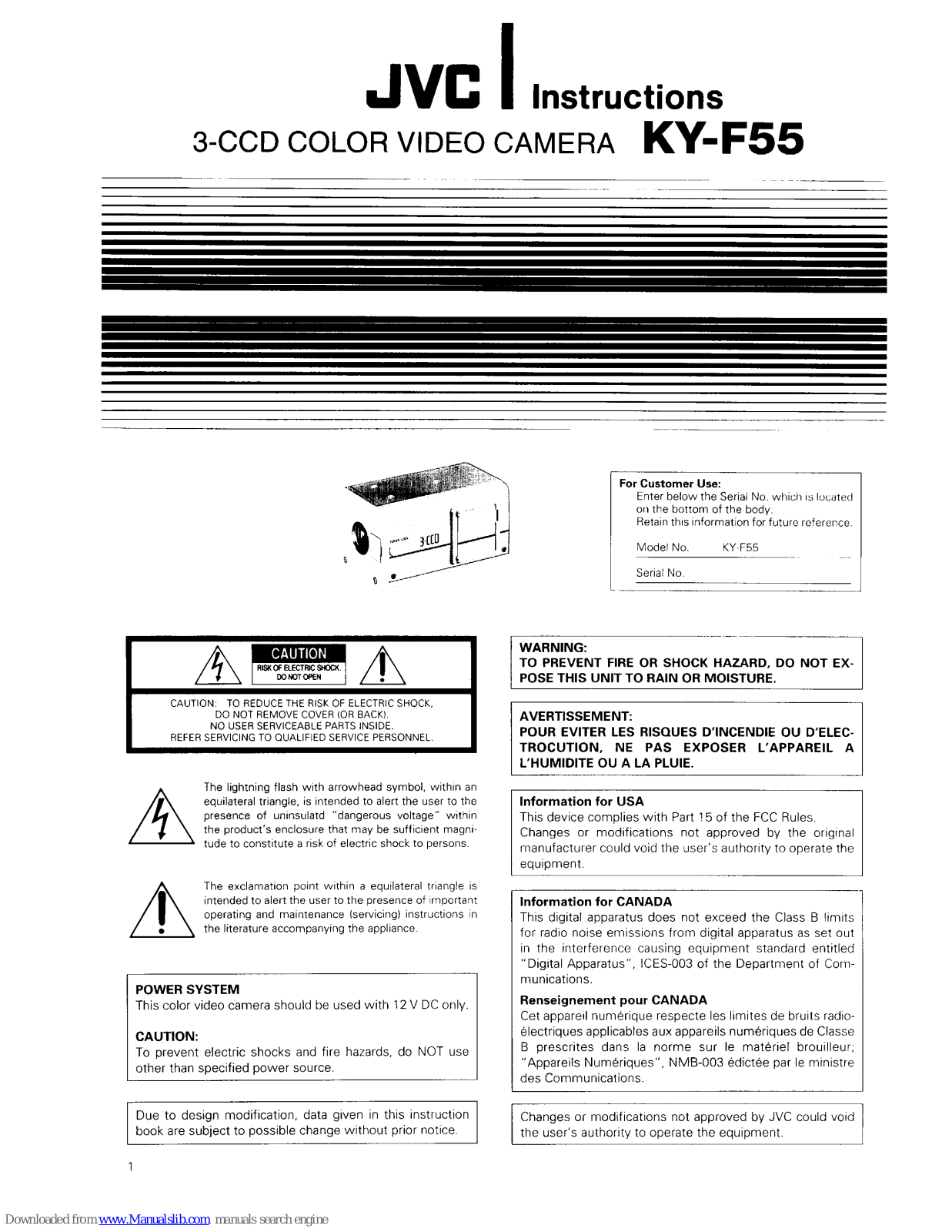 JVC KY-F55U - 3-ccd Multi-purpose Camera Less Lens, KY-F55 Instructions Manual