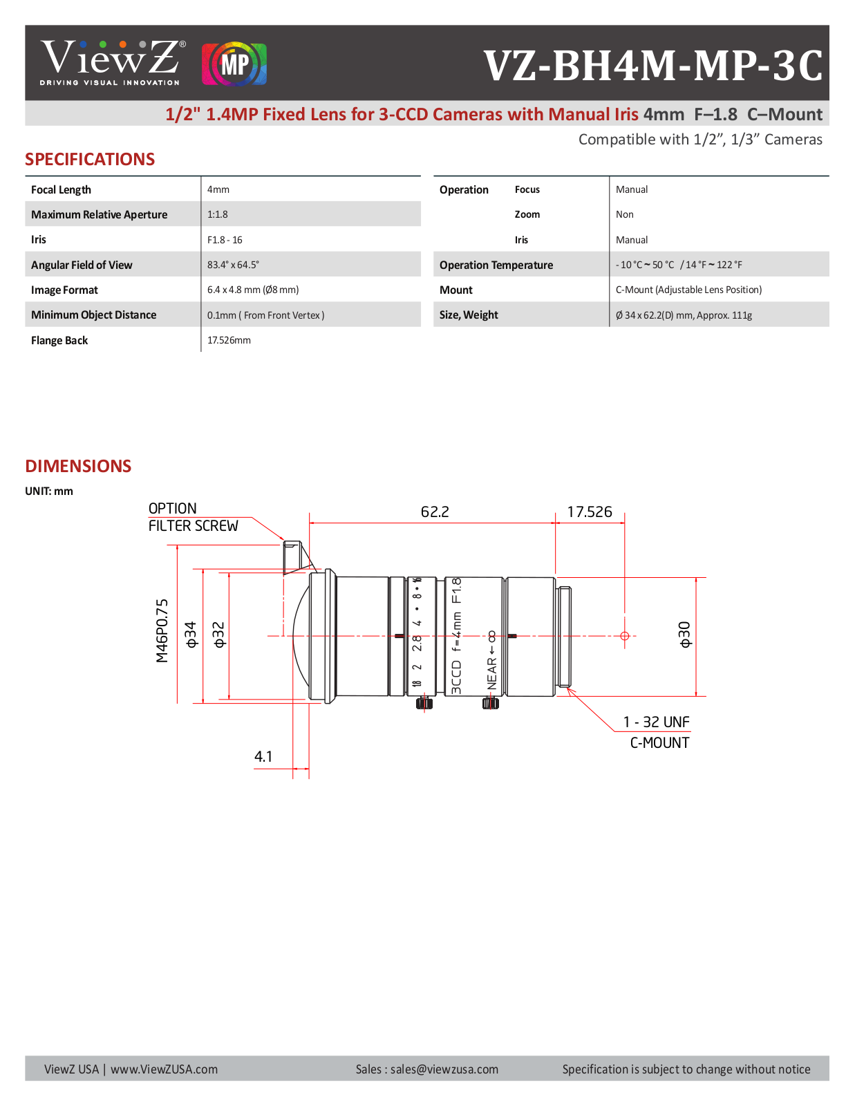 ViewZ VZ-BH4M-MP-3C Specsheet