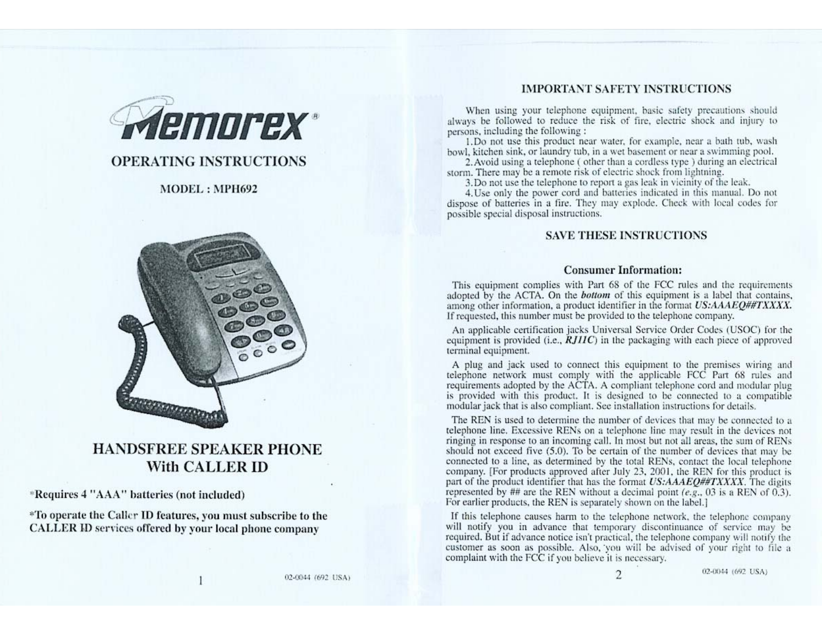 Memorex MPH692 User Manual