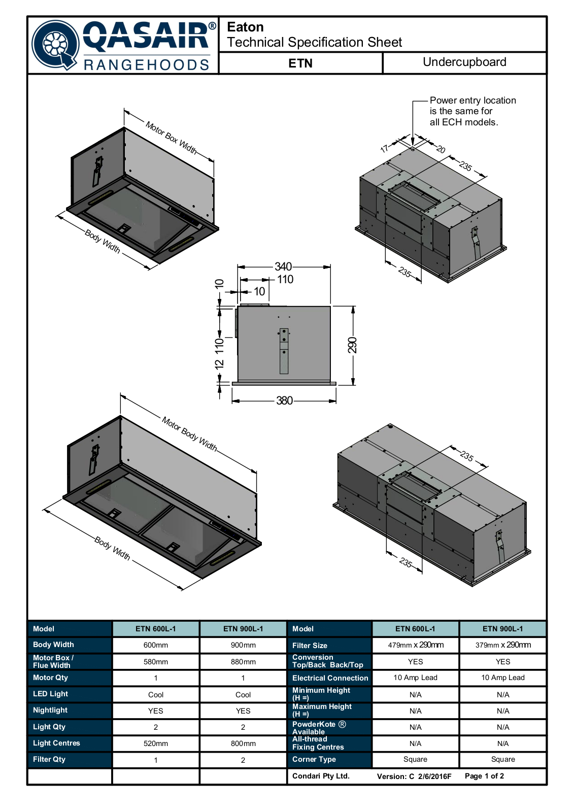 Qasair ETN1200L2T, ETN1200L2B, ETN60L1B, ETN60L1T, ETN90L1B Specifications Sheet