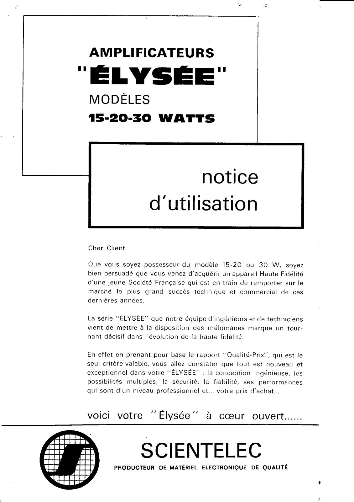 Scientelec Elysee-15W Owners Manual