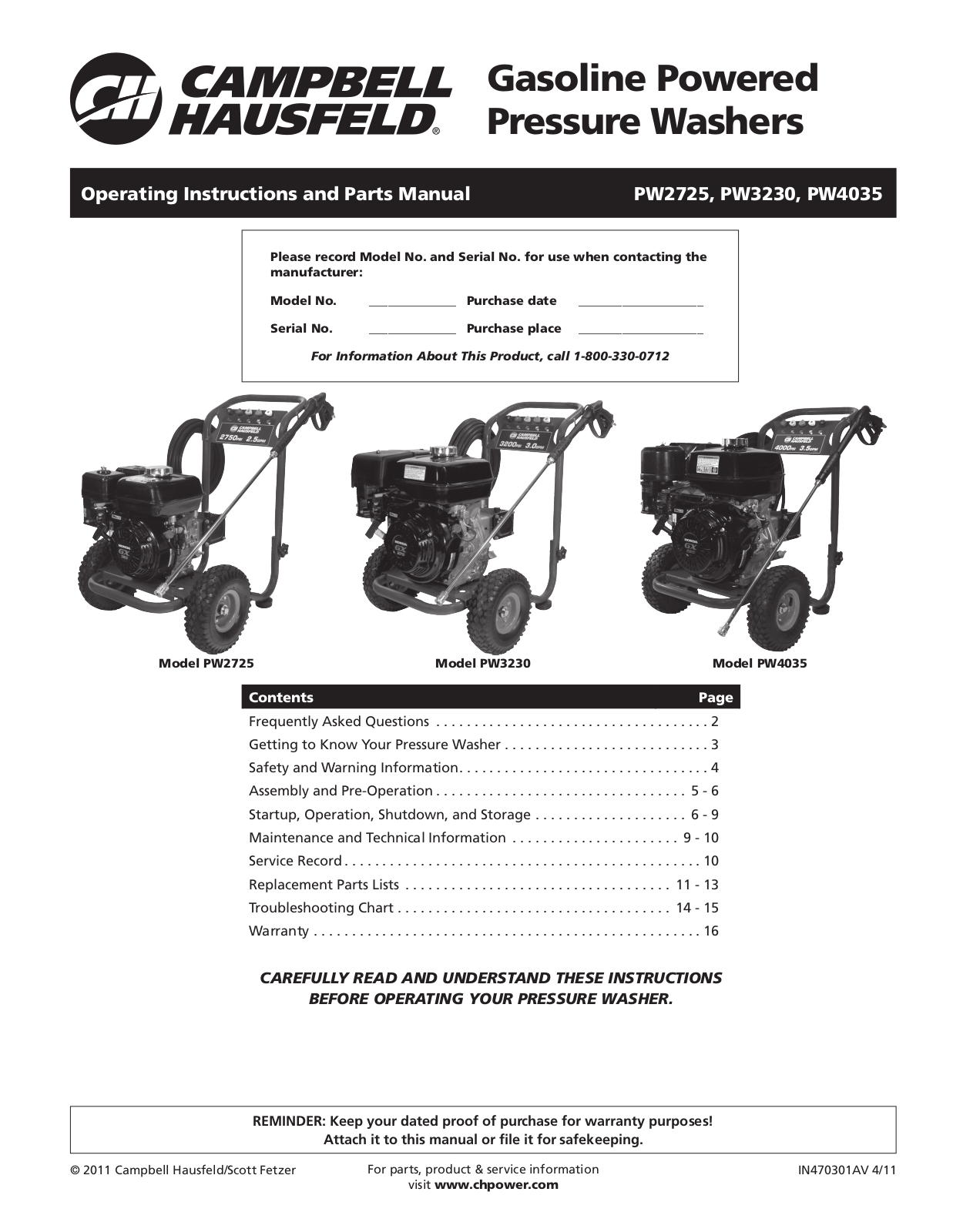 Campbell Hausfeld PW3230, PW2725, PW4035 User Manual