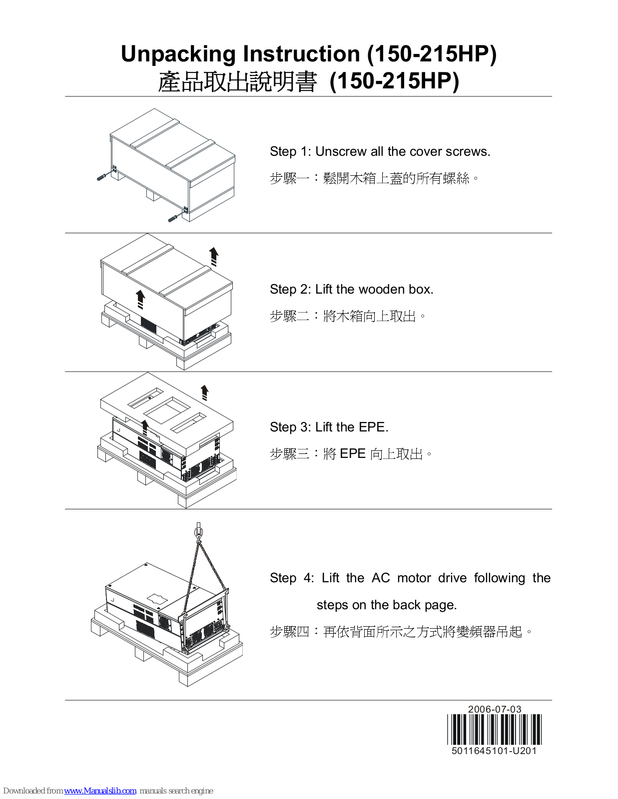 Delta Electronics 150-215HP Unpacking Instructions Manual