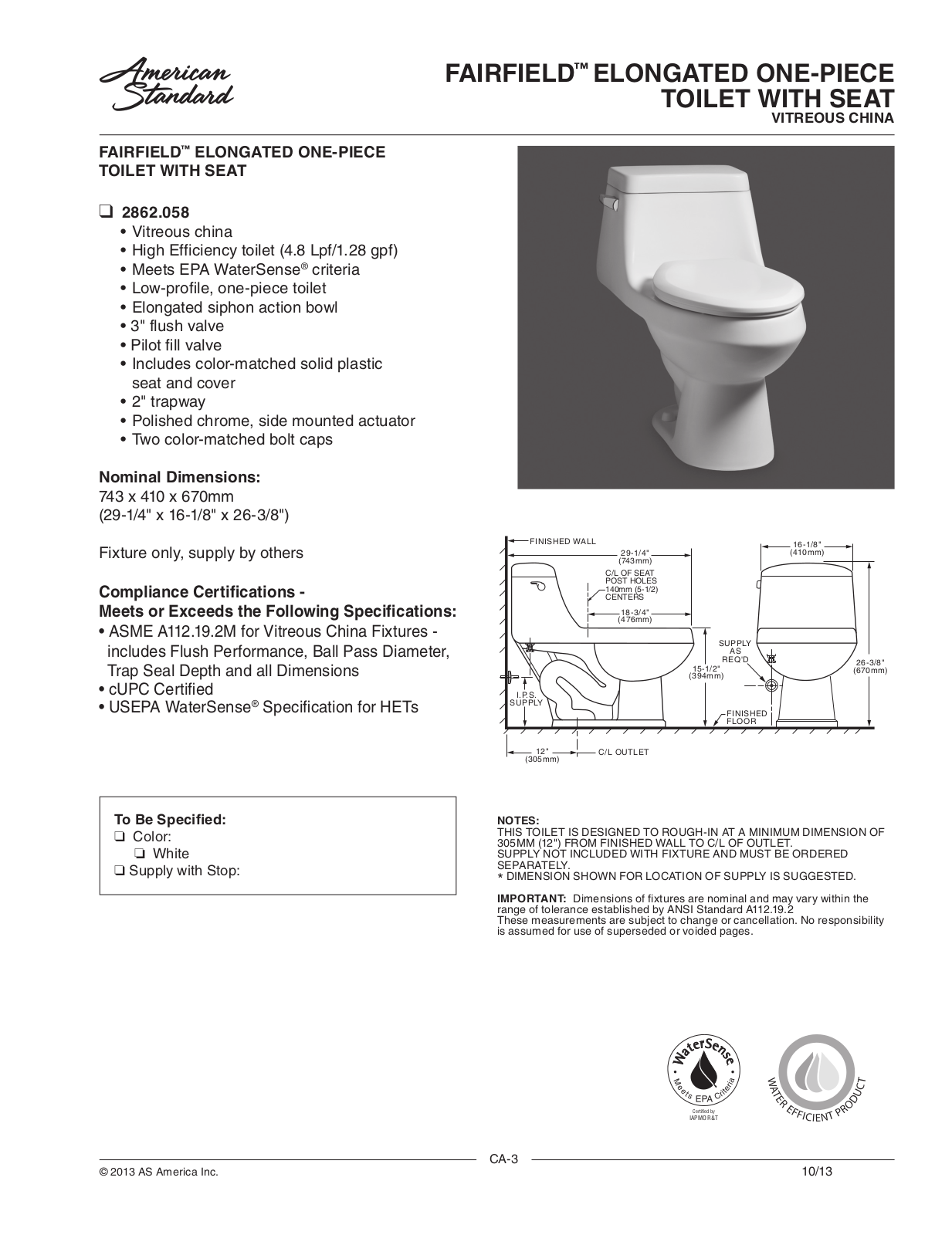 American Standard 2862.058 User Manual