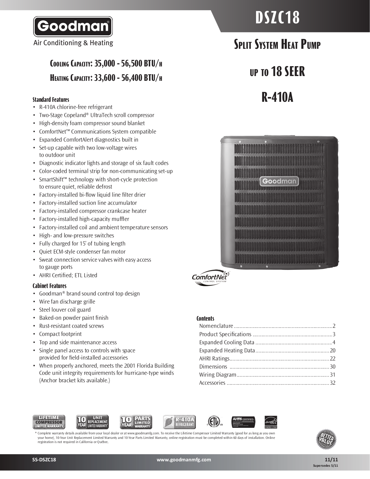 Goodman SS-DSZC18, DSZC180361A, DSZC180481A, DSZC180601A, DSZC180601B Specifications