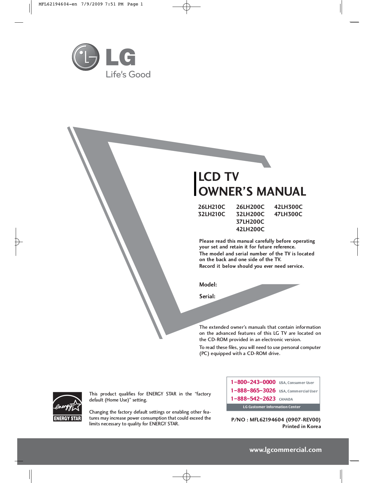 LG 26LH210C, 32LH210C, 26LH200C, 32LH200C, 37LH200C Owner's Manual