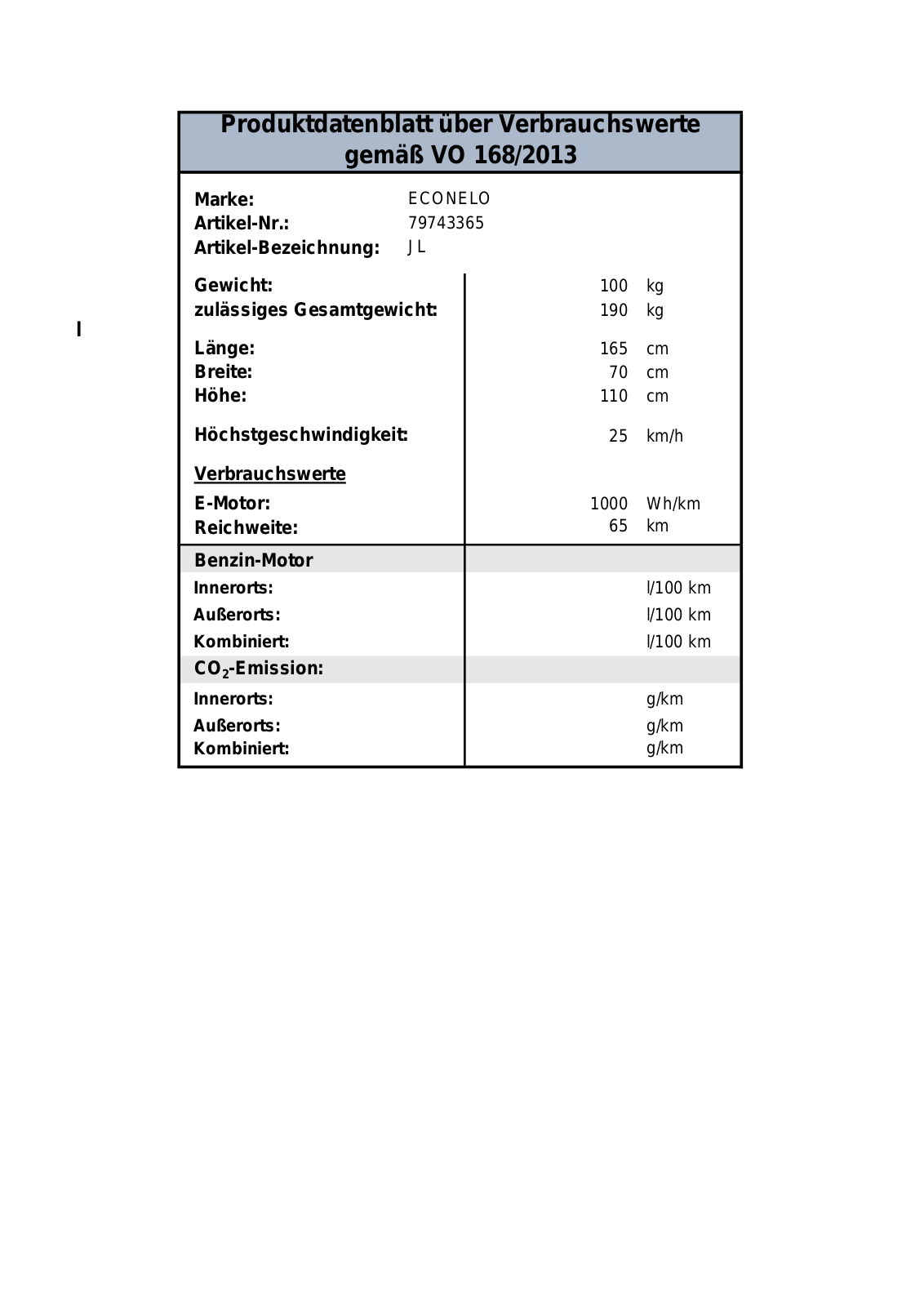 ECONELO JL1000 Technical data