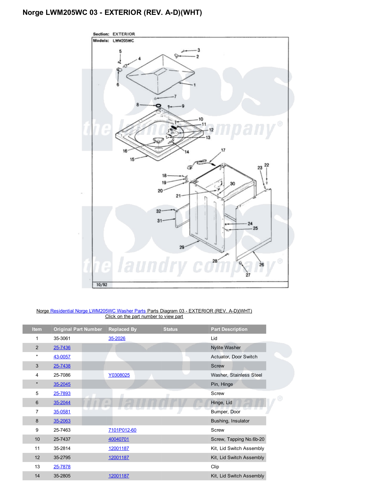 Norge LWM205WC Parts Diagram