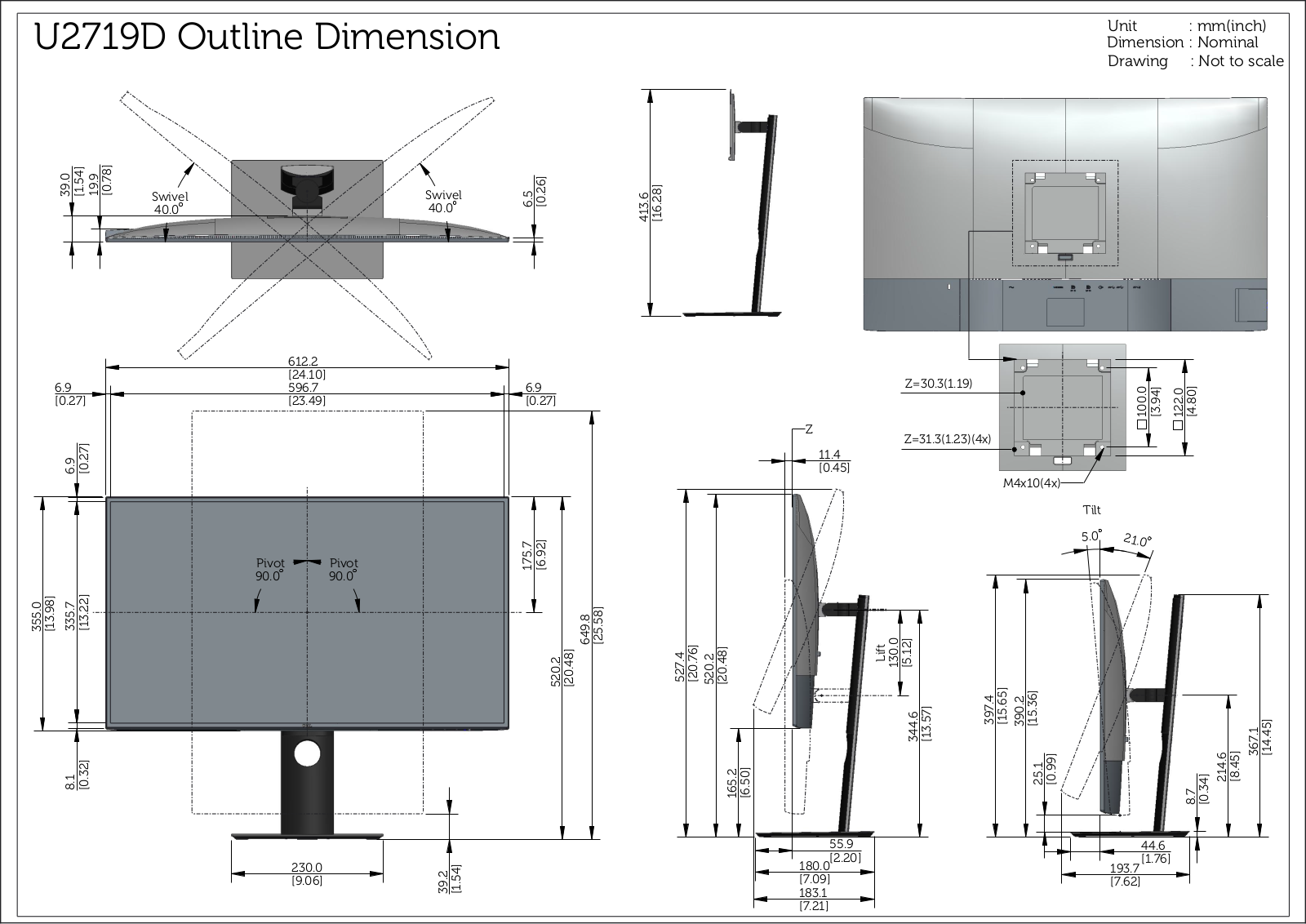 Dell UltraSharp U2719D, UltraSharp U2719DX Dimensional drawing