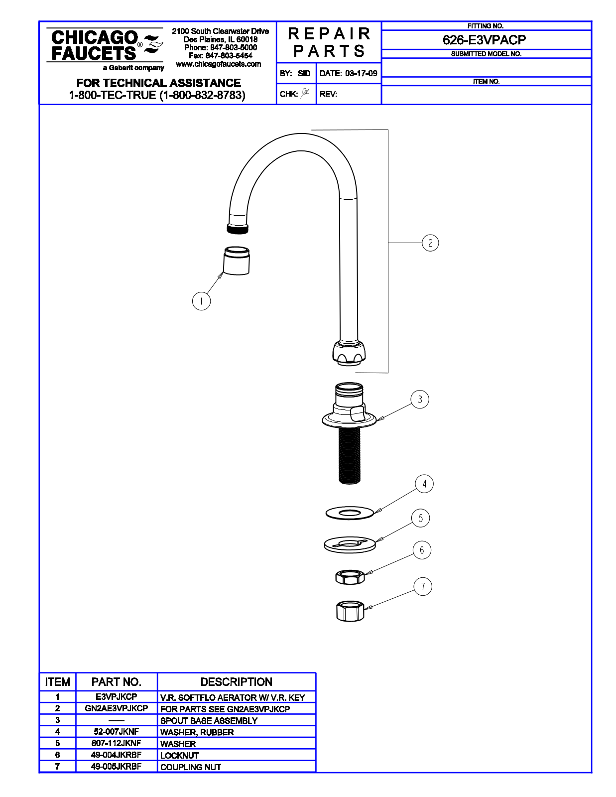 Chicago Faucet 626-E3VPACP Parts List