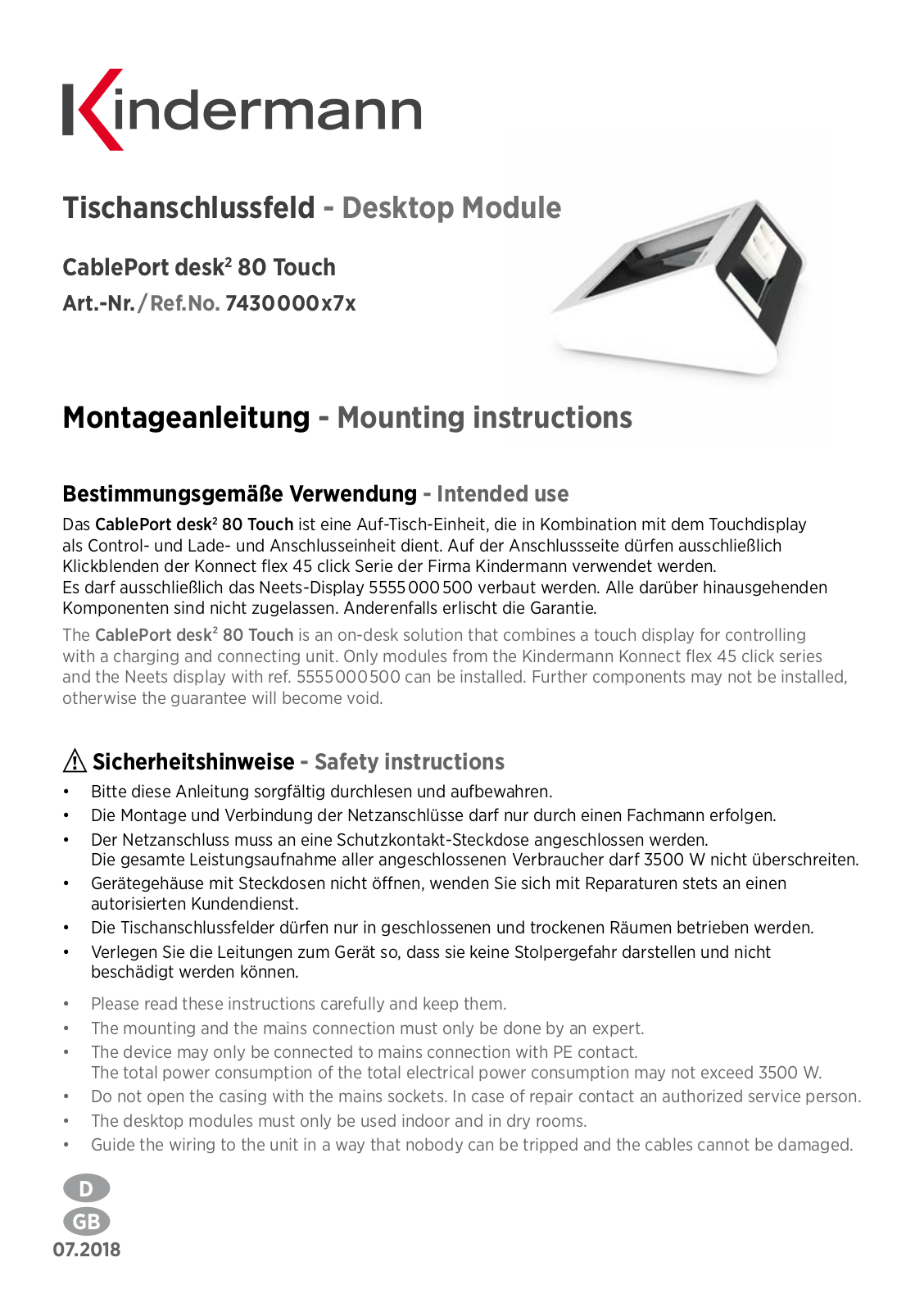 Kindermann CablePort desk2 80 Touch Mounting Instructions