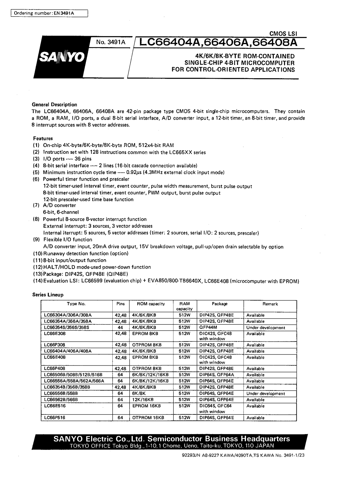 SANYO LC66408A, LC66406A, LC66404A Datasheet