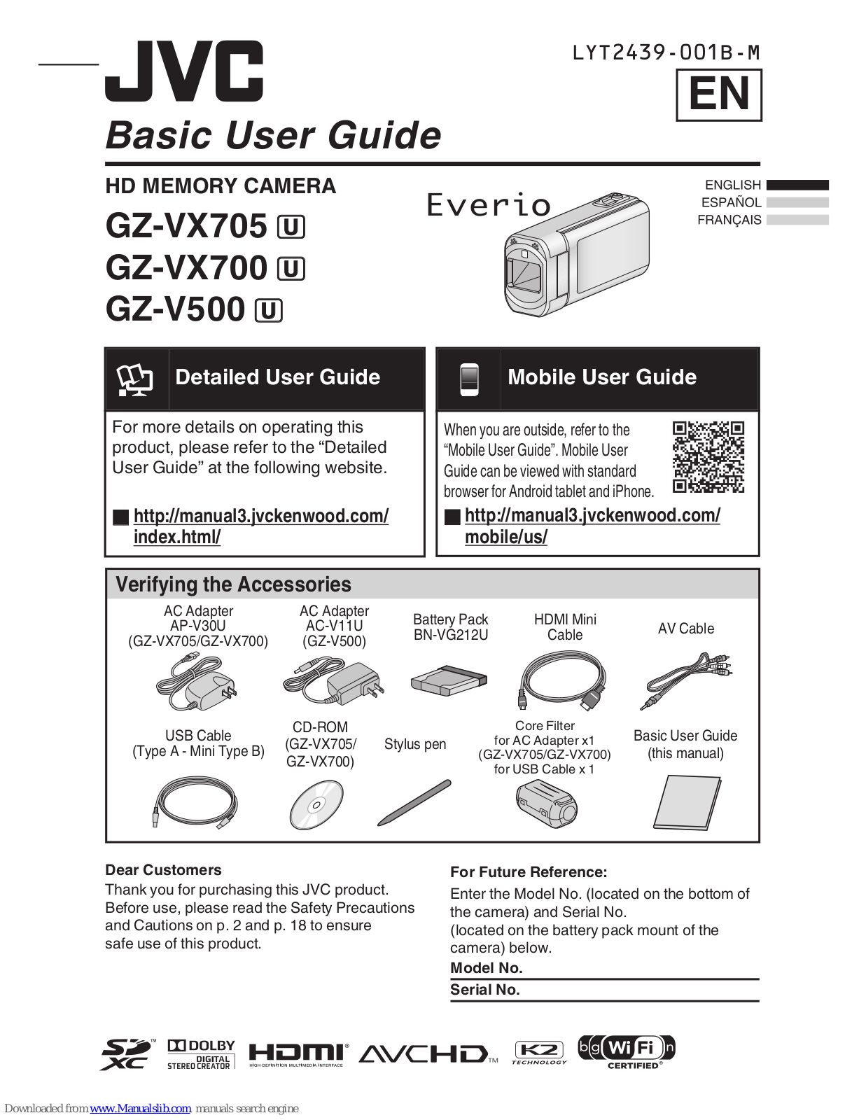 JVC EverioGZ-VX705U, Everio GZ-VX700U, Everio GZ-V500U, Everio GZ-VX705, Everio GZ-VX700 Basic User's Manual