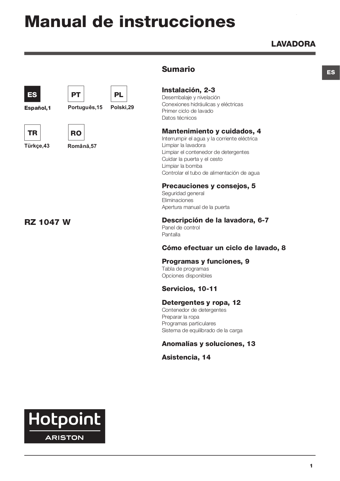 Hotpoint Ariston RZ 1047 W EU User Manual