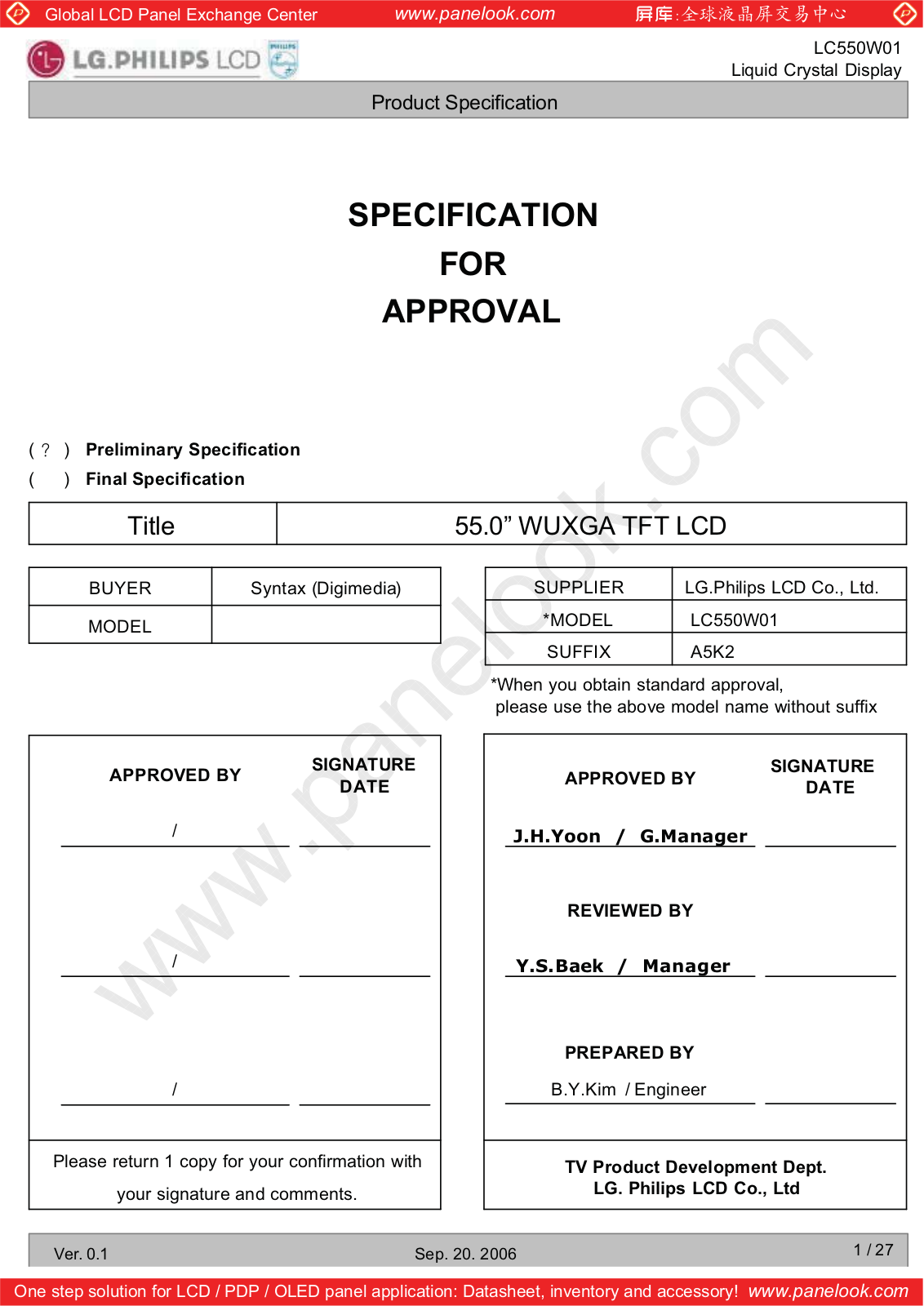 LG.Philips LCD LC550W01-A5K2 Specification