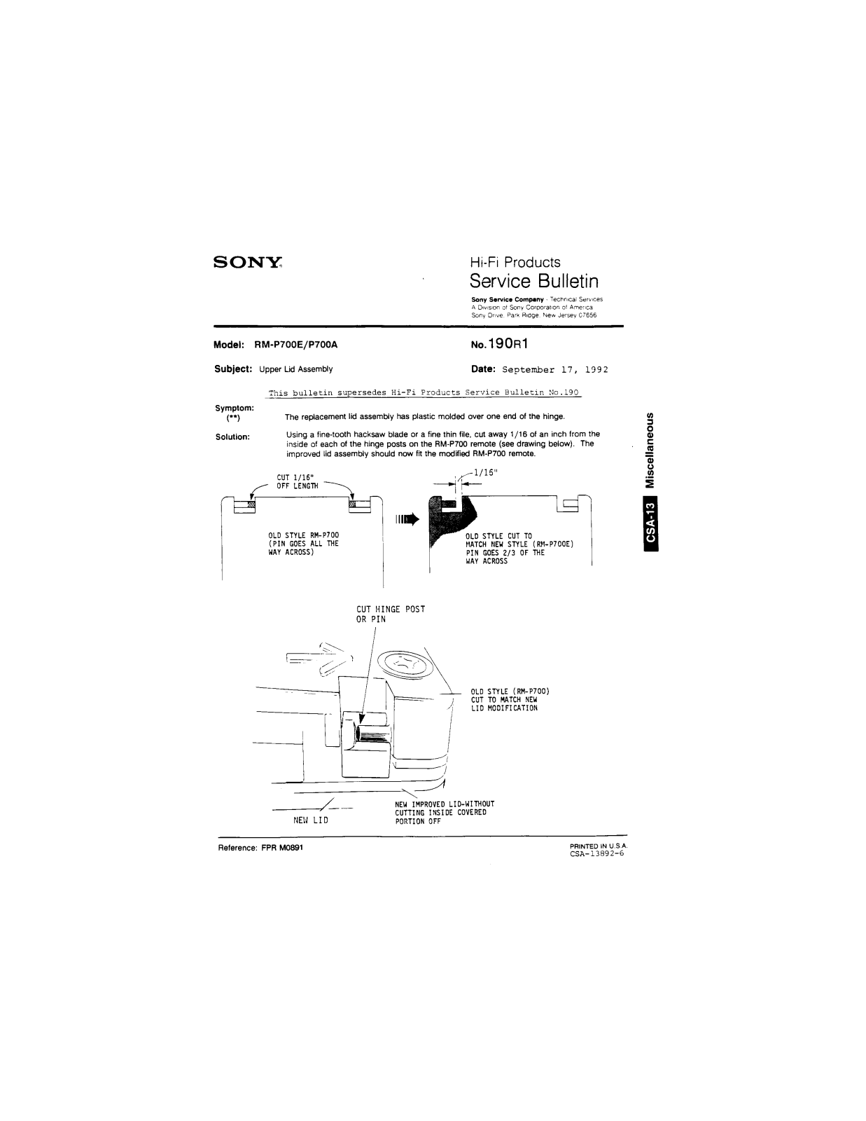 Sony RM-P700E, RM-P700A Service Manual