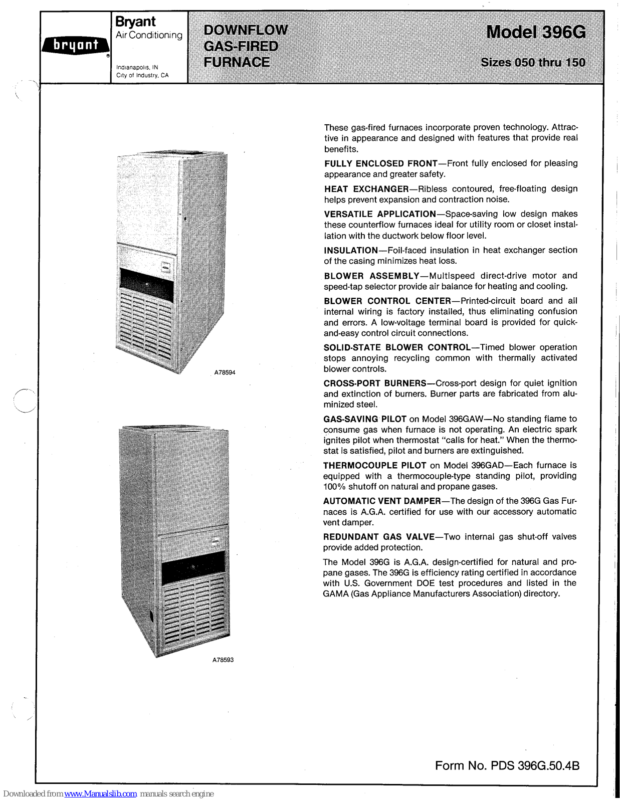 Bryant 396G, 396G02400, 396G000075, 396G03675, 396G000100 Product Data