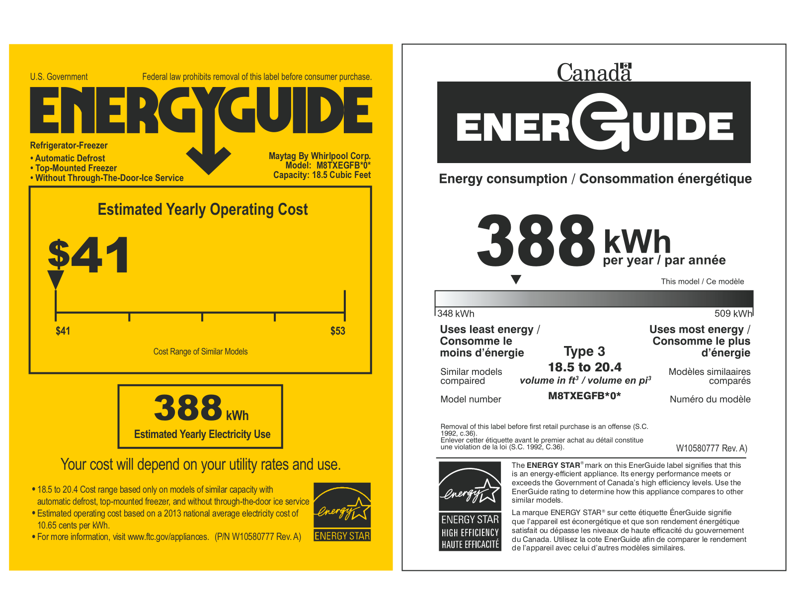 Whirlpool M8TXEGFBB Energy Guide