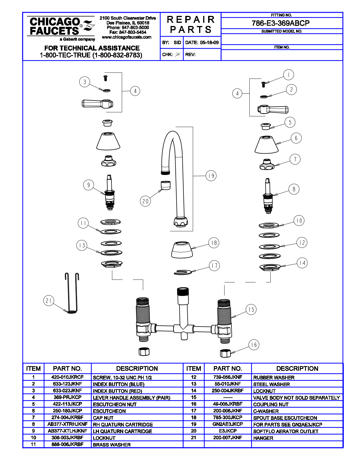 Chicago Faucet 786-E3-369AB Parts List