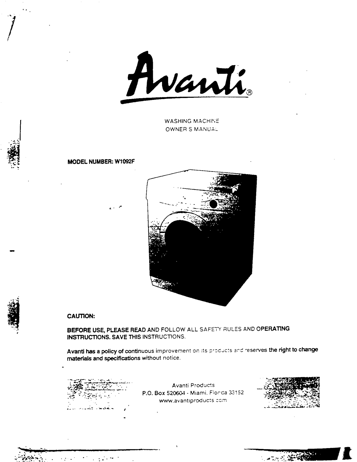 Avanti W1092F User Manual