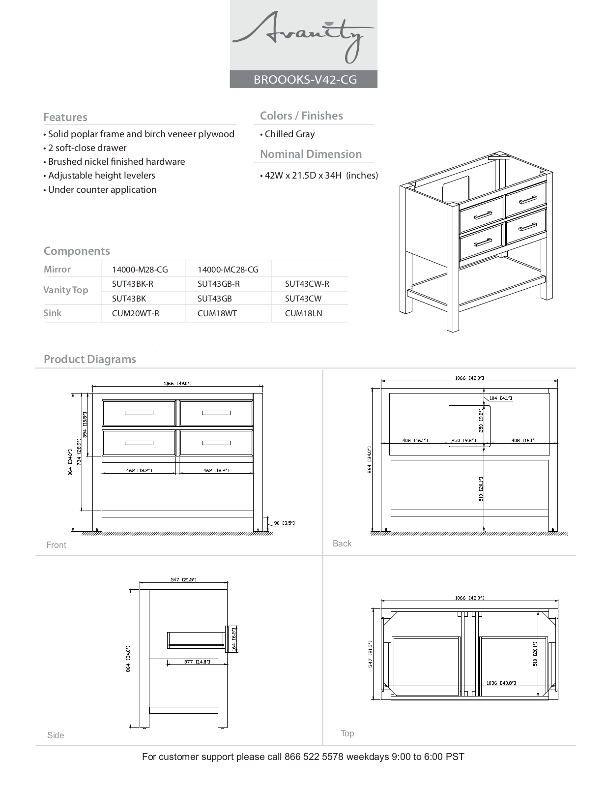 Avanity BROOKSVS42WTB, BROOKSVS42WTC, BROOKSVS42WTA, BROOKSVS42CGC, BROOKSVS42CGB Diagram