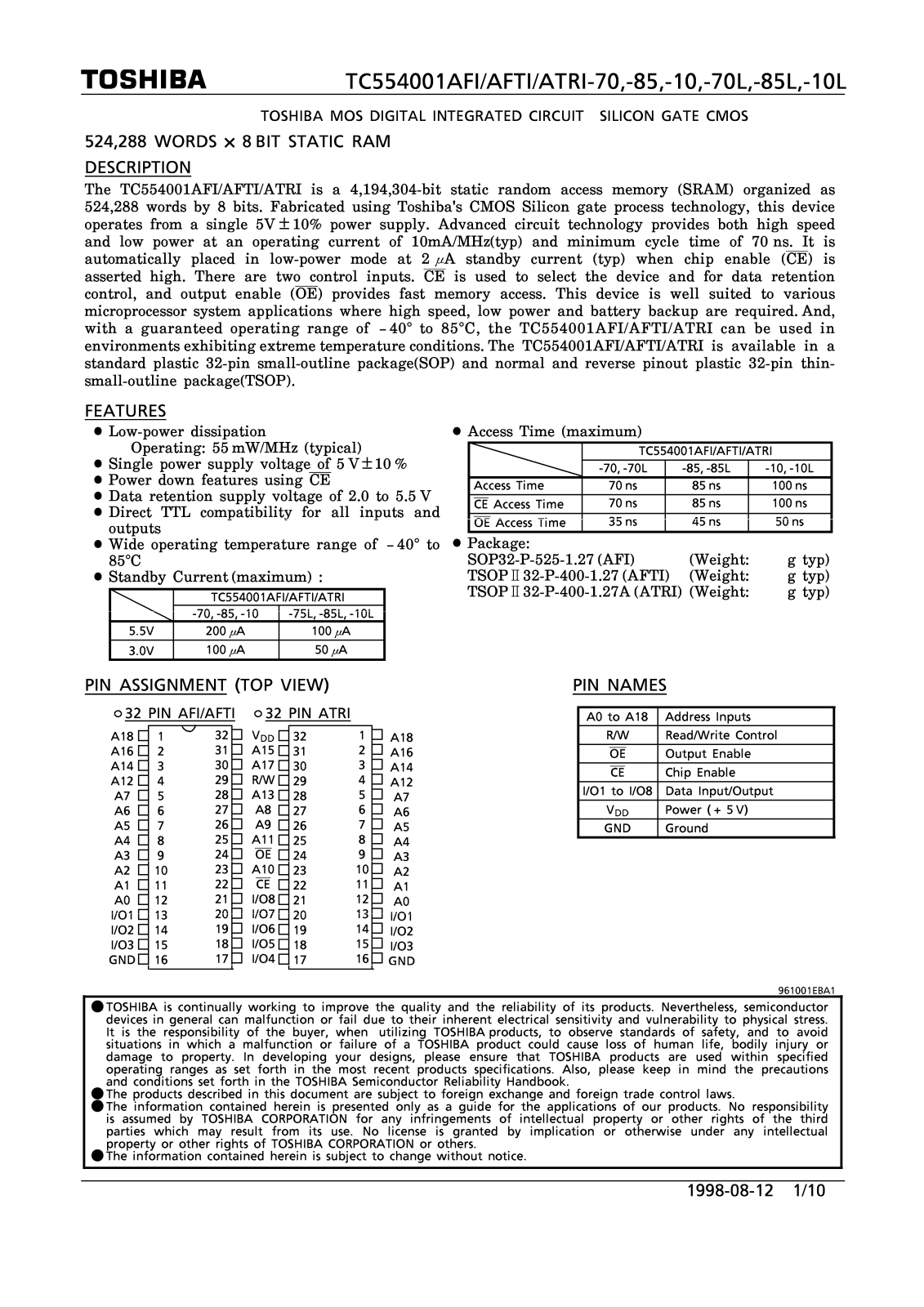 Toshiba TC554001AFI-70L, TC554001AFI-70, TC554001AFI-10 Datasheet