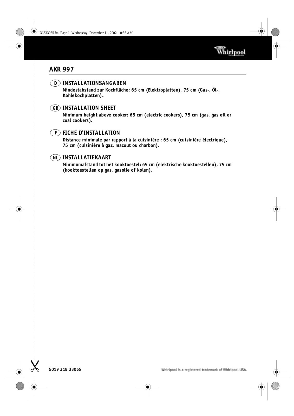 Whirlpool AKR 997 INSTALLATION INSTRUCTIONS