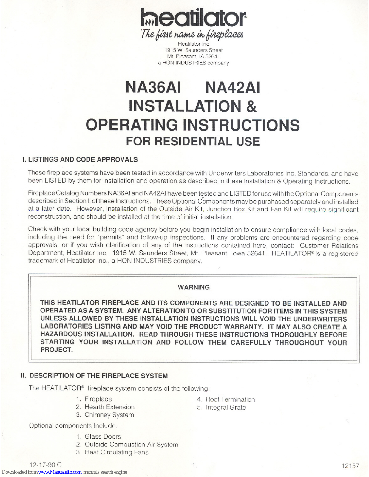 Heatilator NA36AI, NA42AI Installation And Operating Instructions Manual