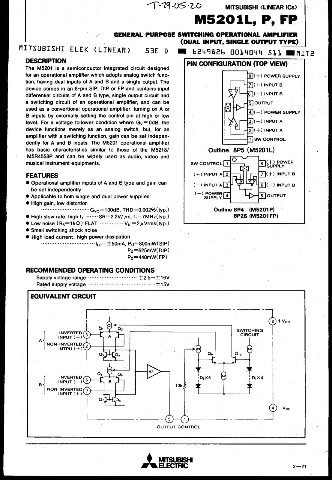 Mitsubishi M5201P, M5201L, M5201FP Datasheet