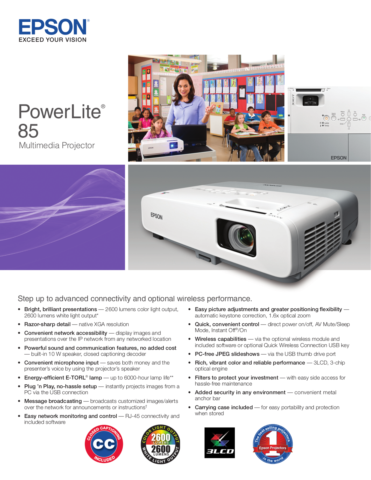 Epson V11H295020 - PowerLite 85 XGA LCD Projector Specifications