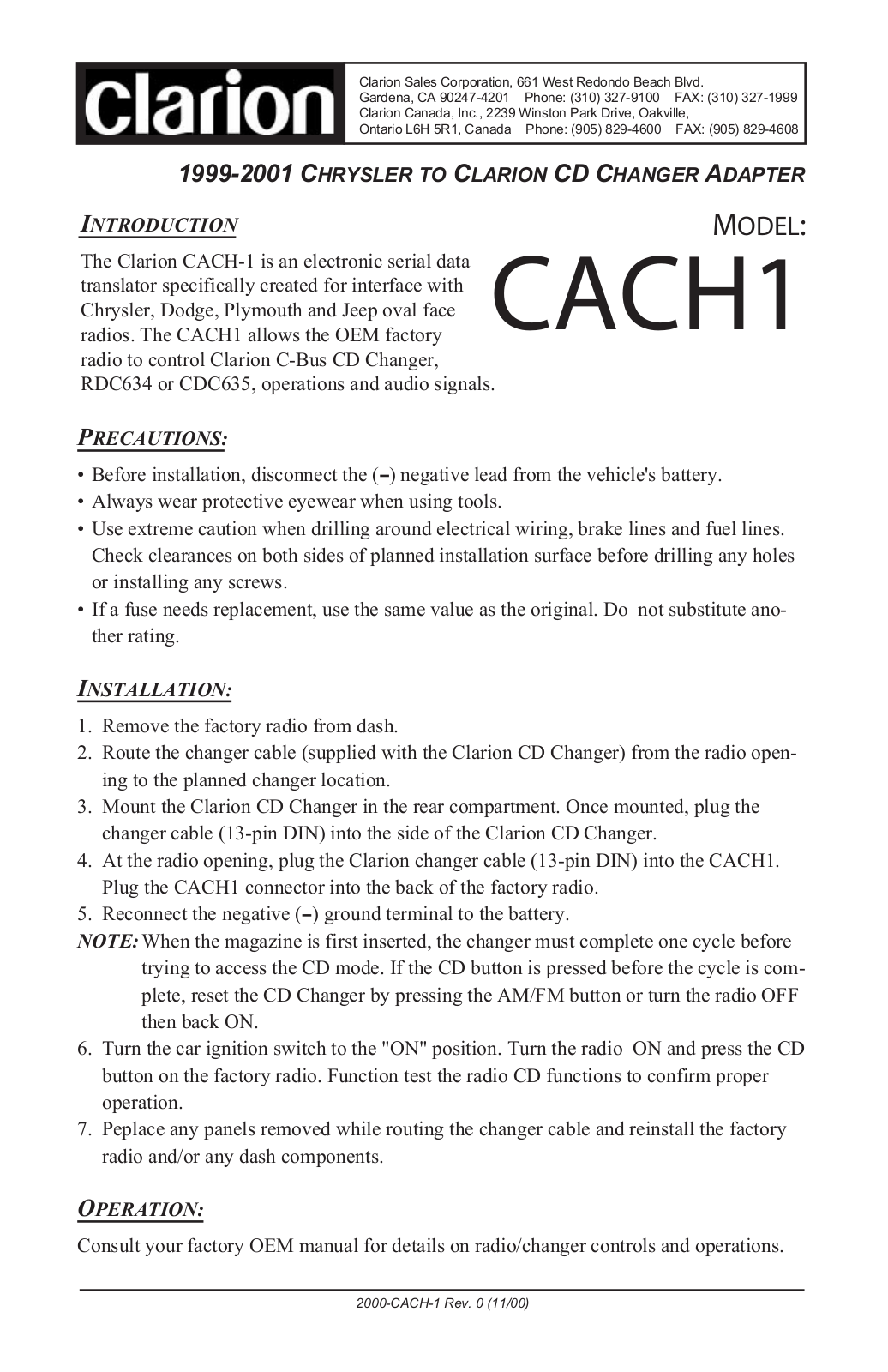 CLARION CACH1 User Manual