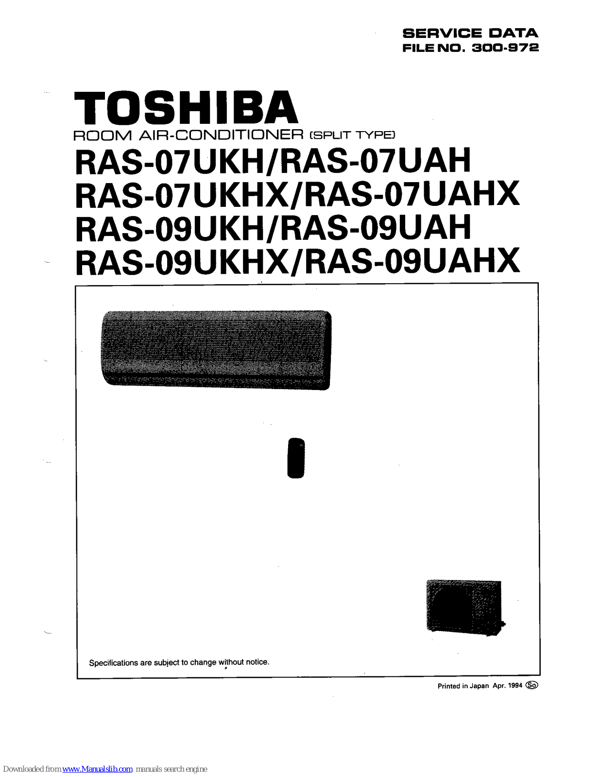 Toshiba RAS-07UKH, RAS-07UAH, RAS-07UKHX, RAS-07UAHX, RAS-09UKH Srevice Manual