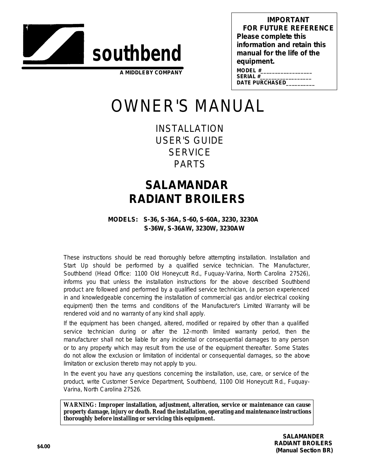 Southbend Range S-36AW Service Manual