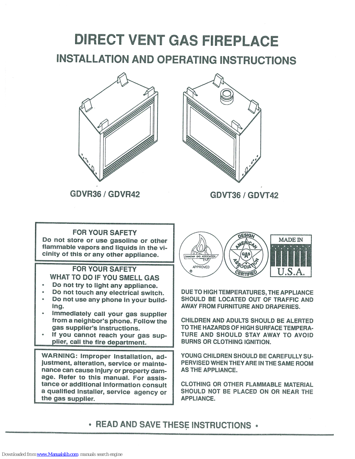 Monessen Hearth GDVR36, GDVR42, GDVT36, GDVT42 Installation And Operation Instruction Manual