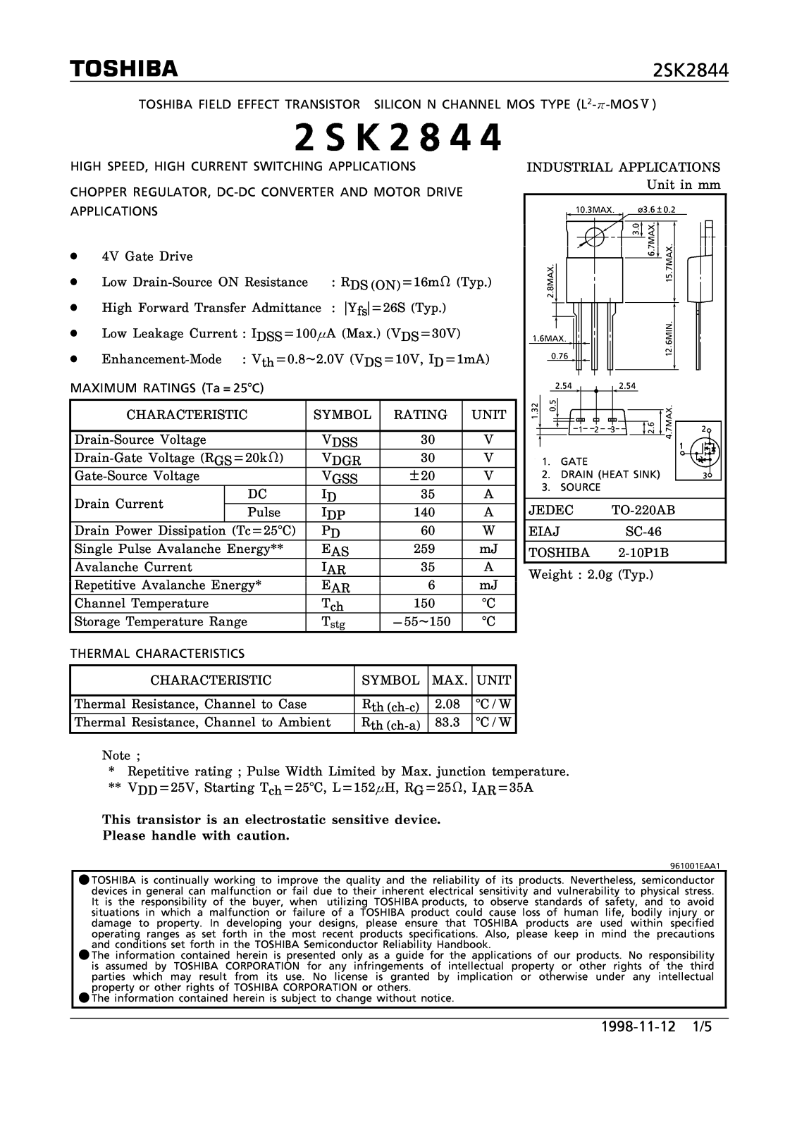 Toshiba 2SK2844 Datasheet