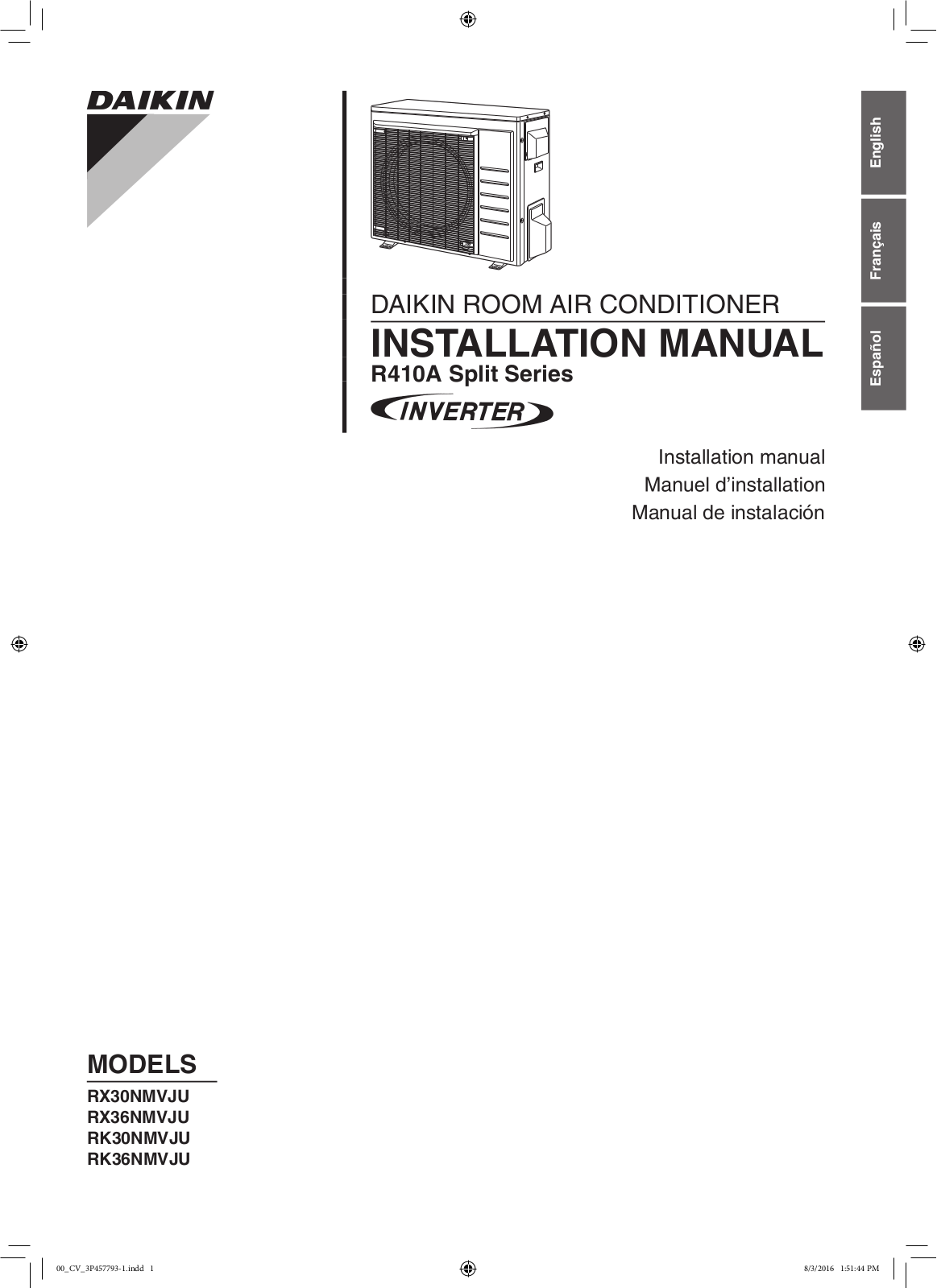 DAIKIN RX30NMVJU, RX36NMVJU, RK30NMVJU, RK36NMVJU Installation Manual