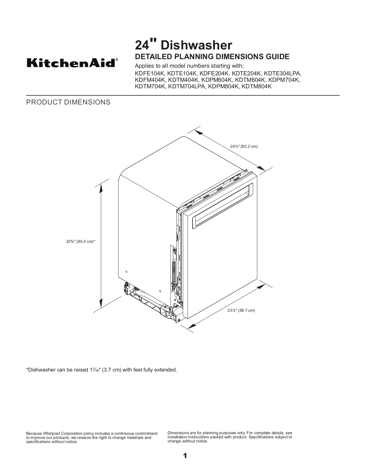 KitchenAid KDTM404KBS, KDTM404KPS, KDFM404KBS, KDFM404KPS, KDTM604KPS Dimension Guide