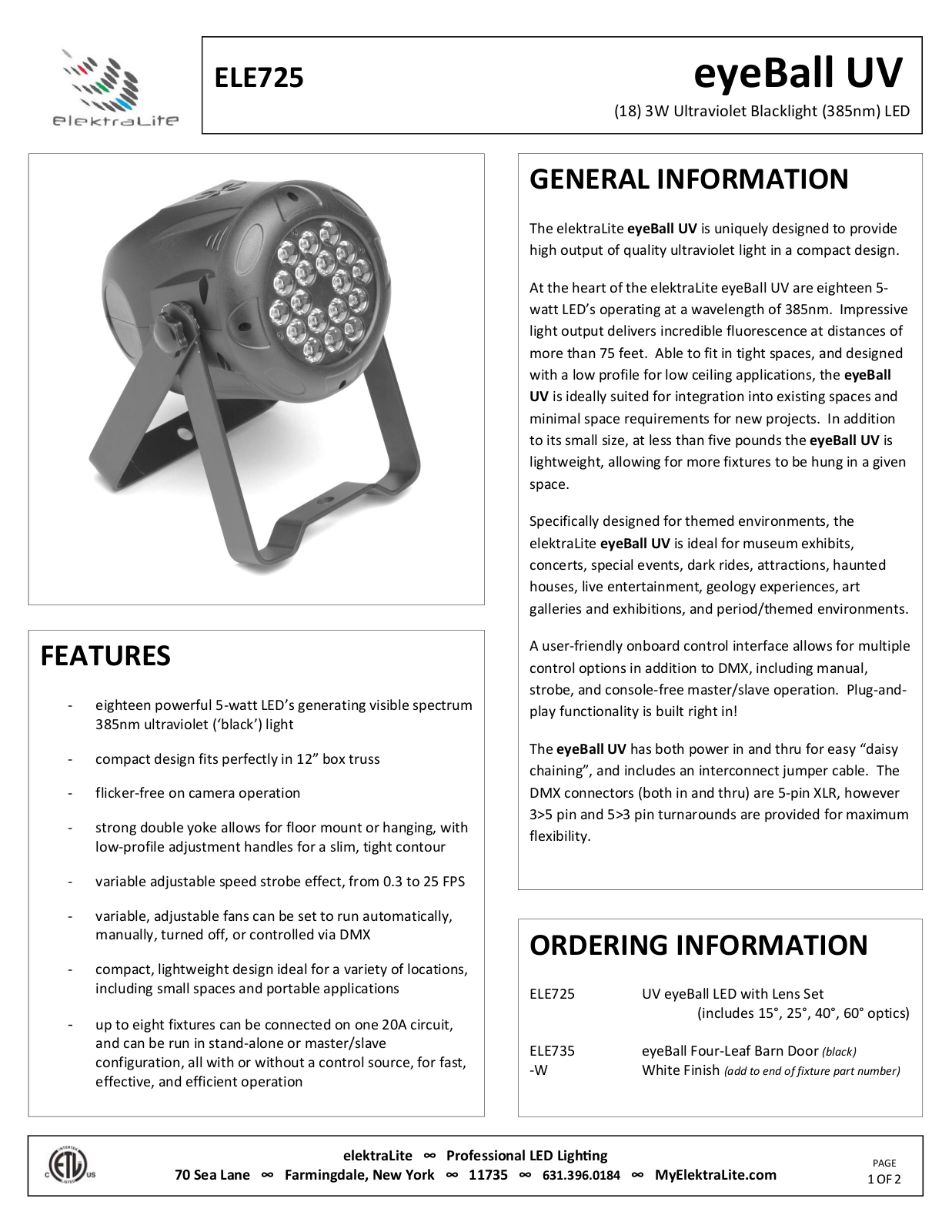 elektraLite ELE725 Data Sheet