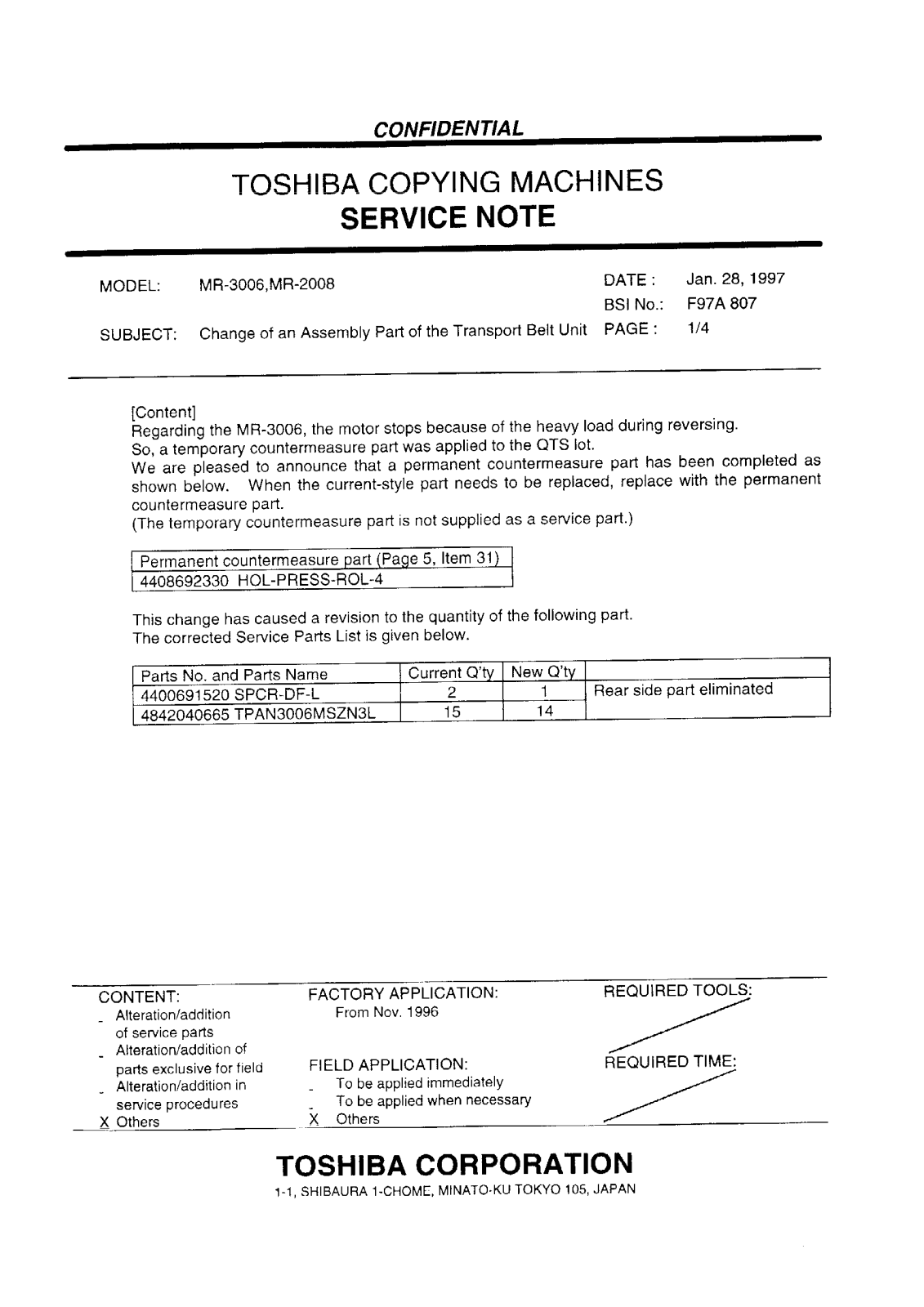 Toshiba f97a807 Service Note