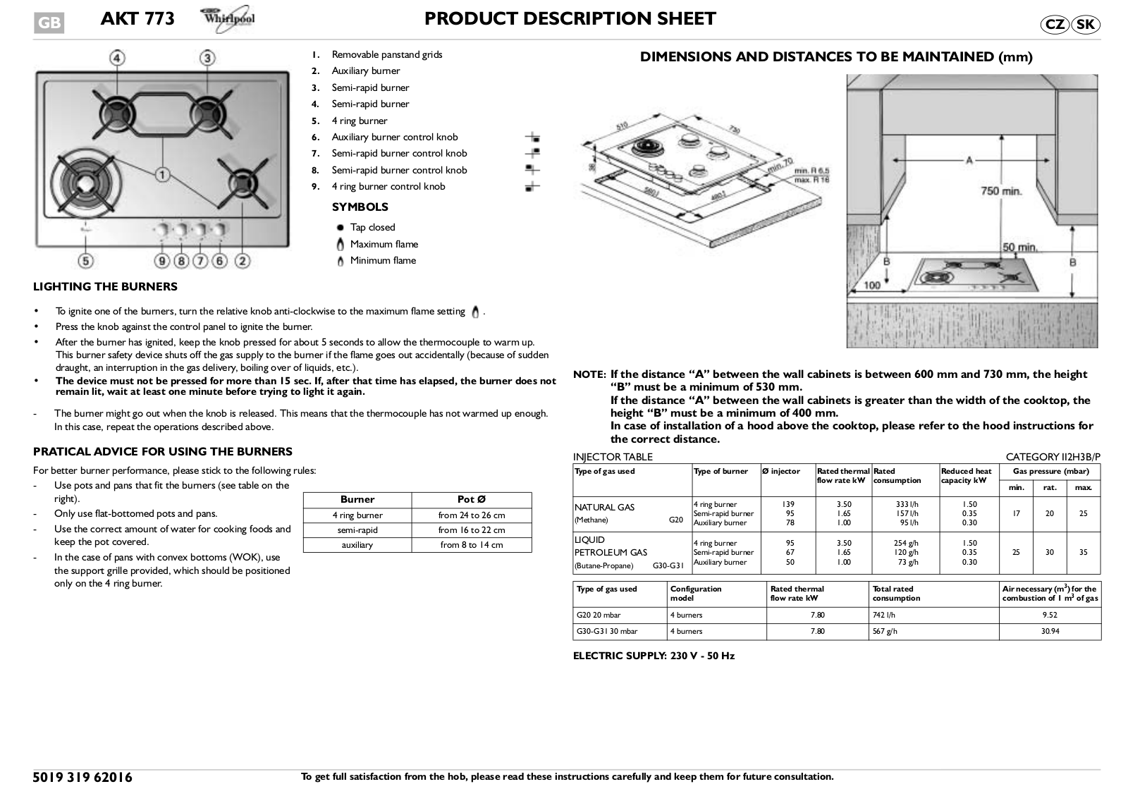 Whirlpool AKT 773 IX PROGRAM CHART