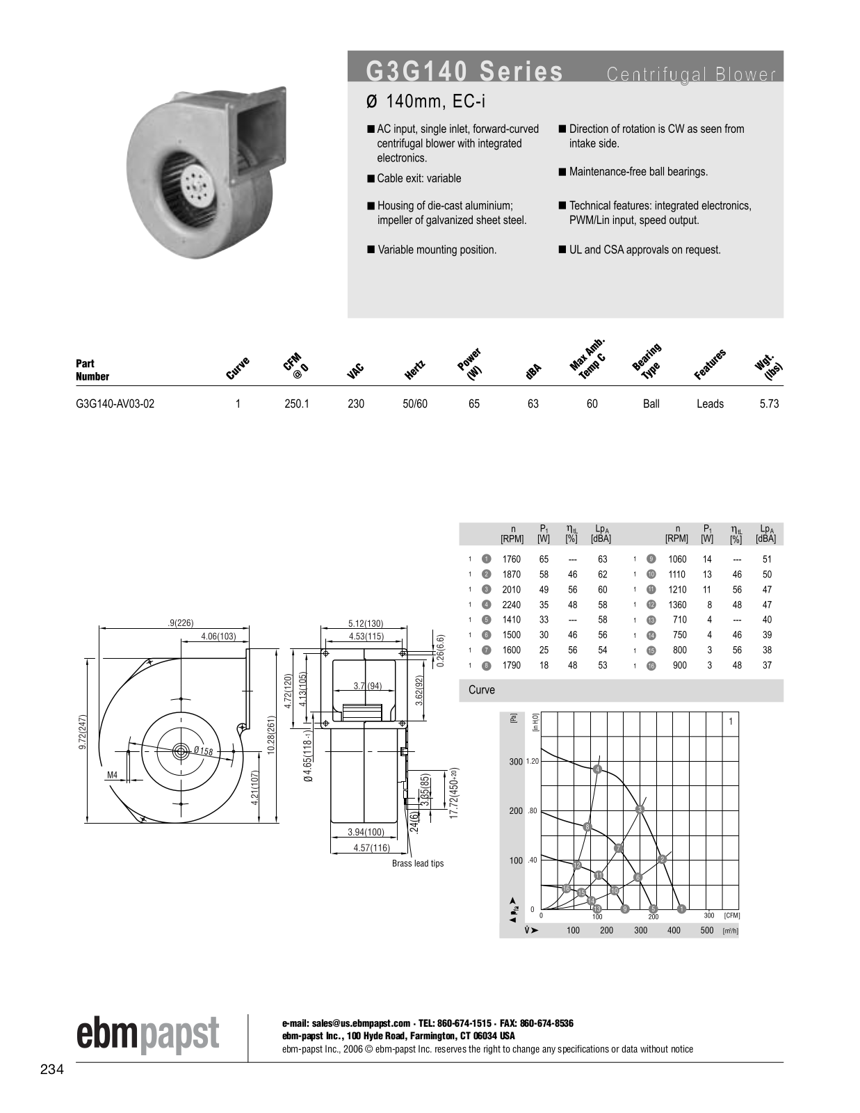 ebm-papst Centrifugal Blower Series G3G140 Catalog Page