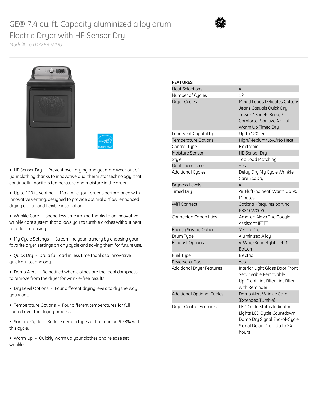 GE GEWADRGWS7251 Specs