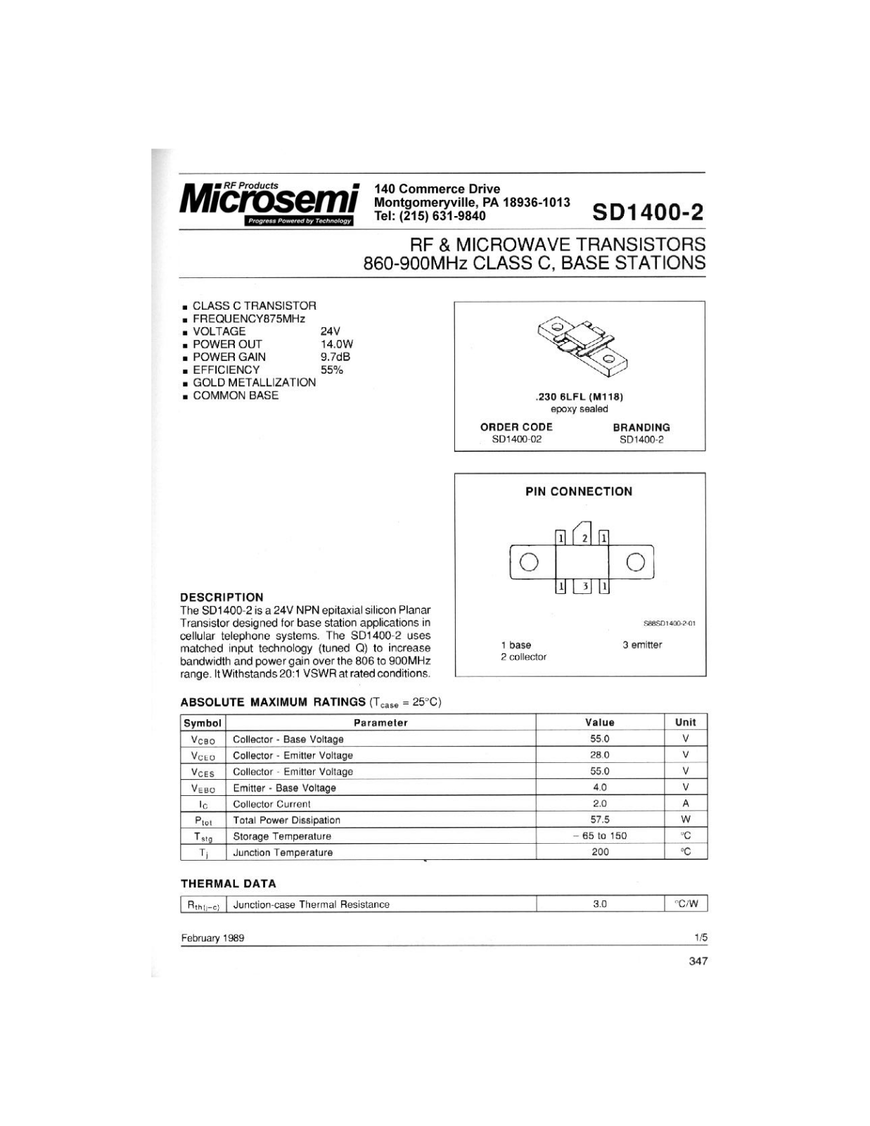 Microsemi Corporation SD1400-02 Datasheet